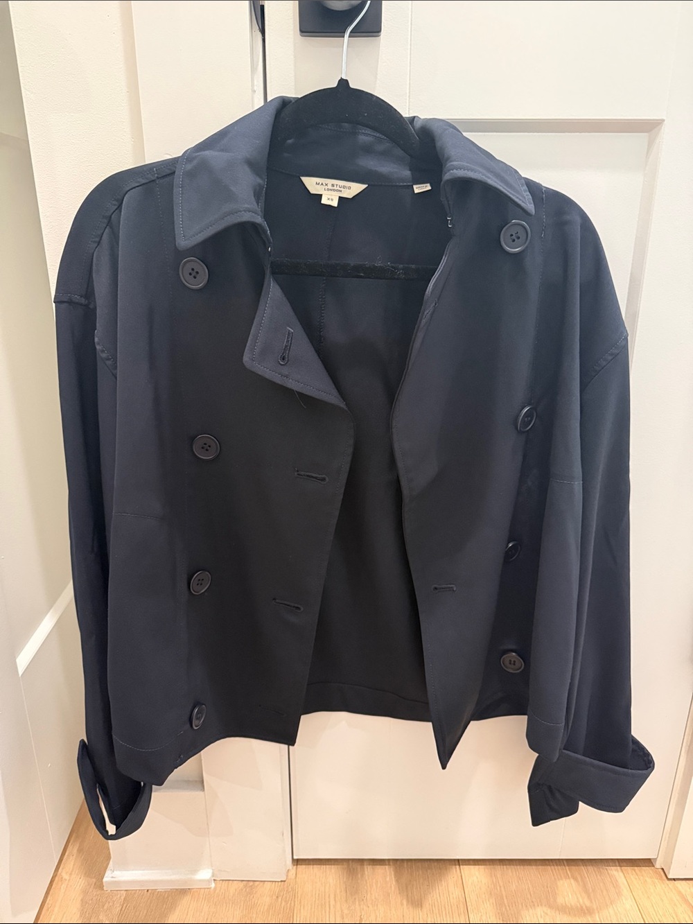Max Studio Short Double-Breasted Navy Trench Jacket